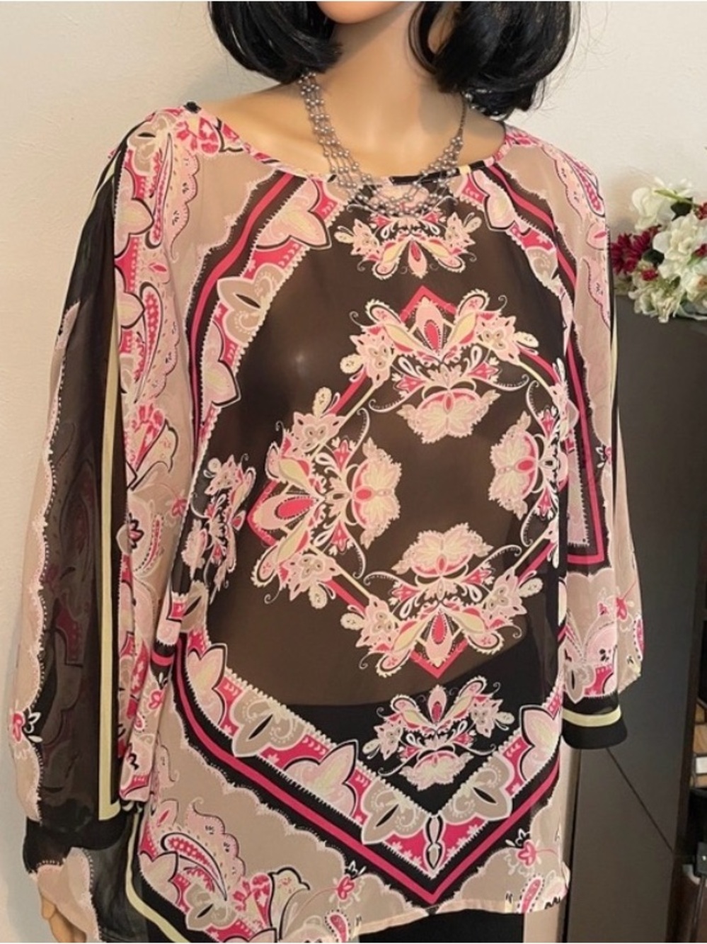 Dana Bachman Pink & Black Relaxed shear poncho/Scarf style Blouse Size M/L